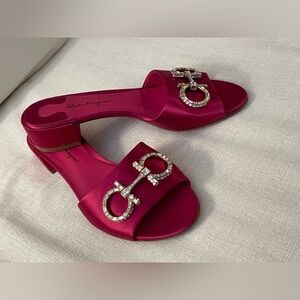 Ferragamo Pink Silk and Crystal Bit Sandals